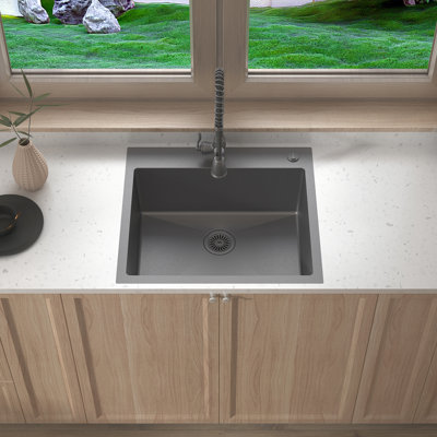 Évier de cuisine à cuve unique encastré Sinber 25 po x 22 po, acier inoxydable T304 de calibre 18, fini noir