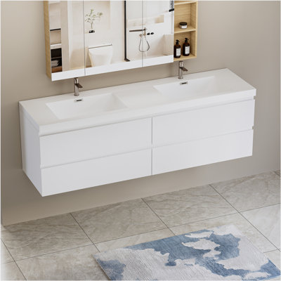 Meuble-lavabo mural 72 po avec lavabo 72 po avec lavabo, meuble-lavabo mural moderne avec deux lavabos en résine et quatre tiroirs à fermeture douce
