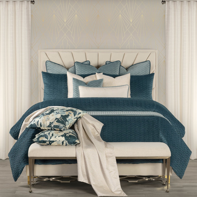 Pleated Velvet Wave Duvet Cover & Insert Set, Cal.King Duvet Cover & Insert+9 Additional Pieces, Bay Blue