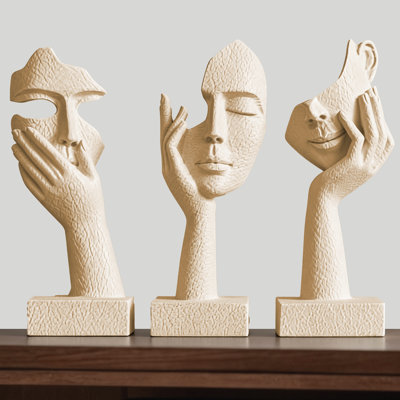 Ensemble de 3 statues penseur blanc crème - Sculpture abstraite en résine pour le salon, le bureau, la tablette