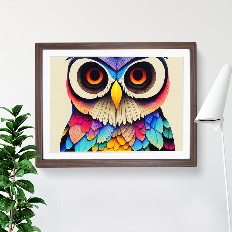 Colourful Owl Vol.2 - Single Picture Frame Painting, Walnut Framed, 25cm H x 34cm W x 2cm D