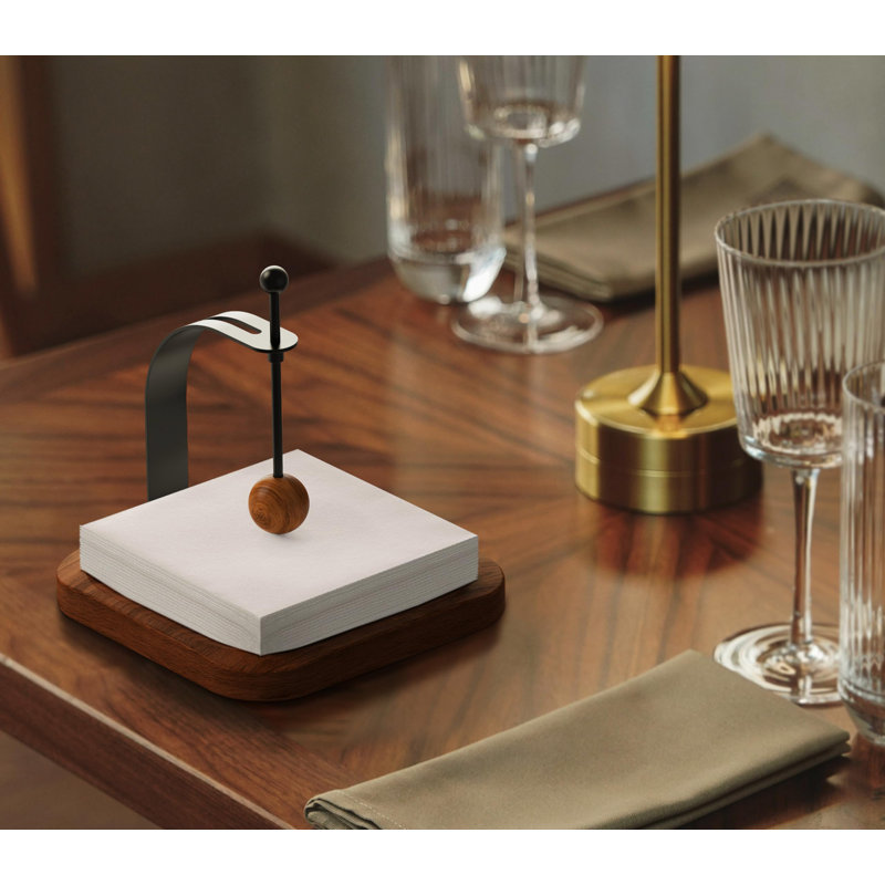 Black and Walnut Wood Napkin Holder with Weighted Arm