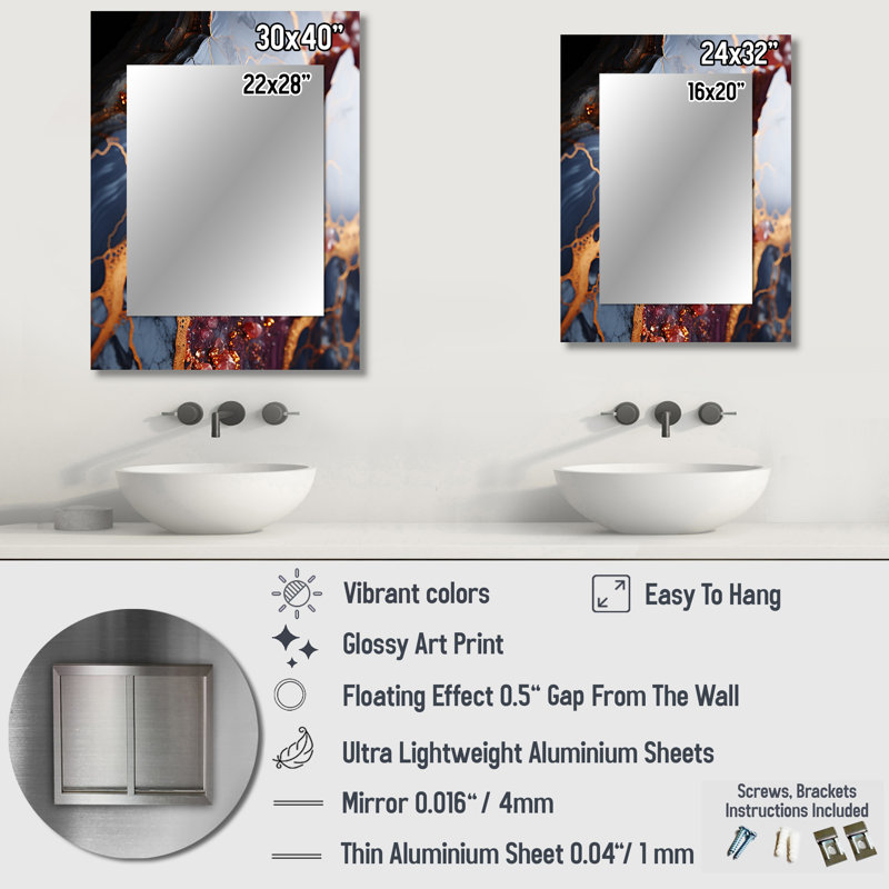 Pink and gold Marble river VI - Gold Wall Mirror Decor, 32 po x 24 po