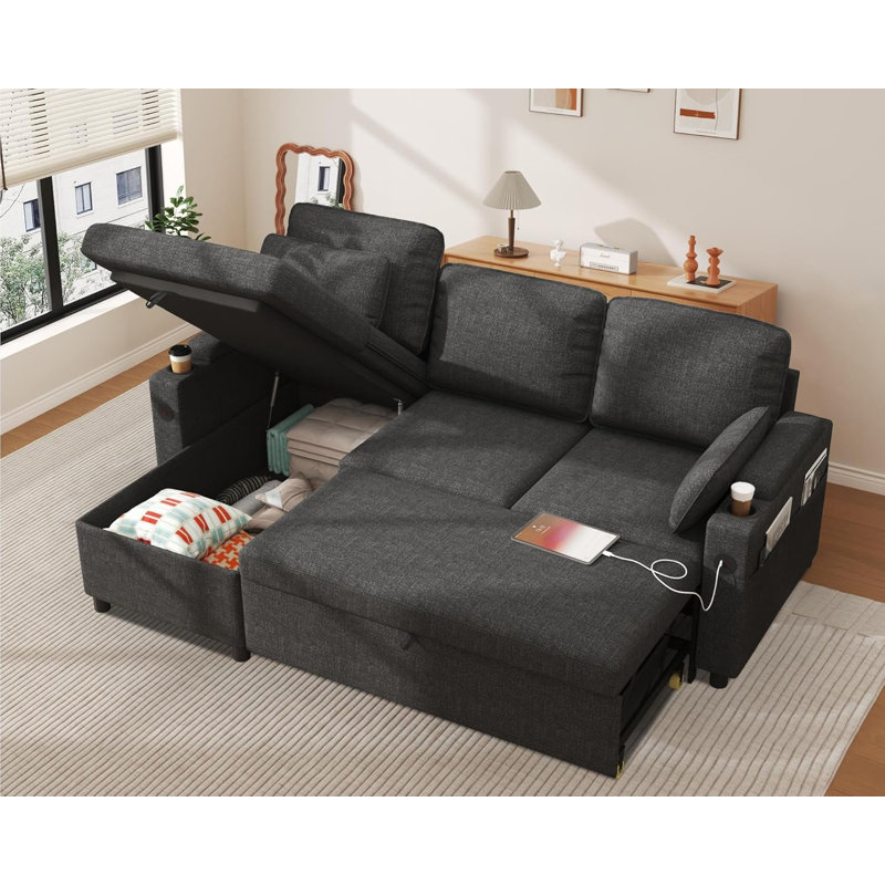 L Shaped Sofa Sleeper & Chaise, Dark Grey
