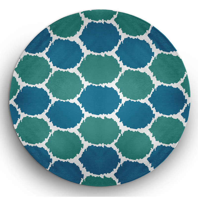 Tapis intérieur / extérieur en chenille tissé à la machine géométrique bleu, Rond 5 pi
