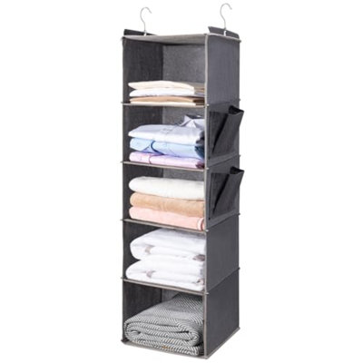 Organisateur de penderie et tablettes suspendues (5 tablettes suspendues avec 2 poches latérales), rangement pliable (gris)
