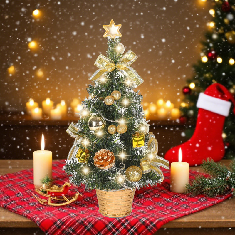Petit arbre de Noël de 45 cm avec lumières, mini arbre de décoration de bureau avec sommet d'arbre en forme d'étoile, boules, arcs, pommes de pin pour bureau à domicile, bar, décorations de Noël