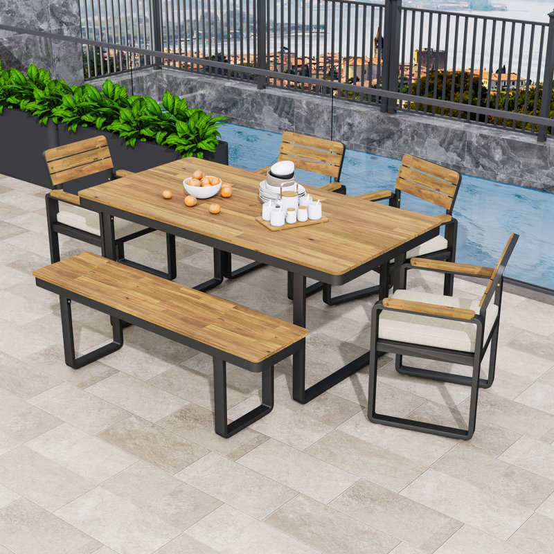 Wooden Outdoor Dining Set with Bench, Chairs and Cushion, Beige