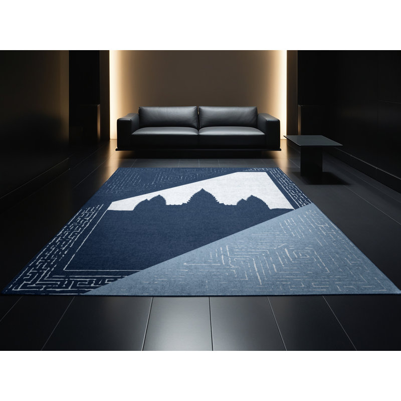 Soft Plush Fairborn Angkor Wat Cambodia Global Inspired Block Print Area Rug in Gray – Navy Binding, 2x3