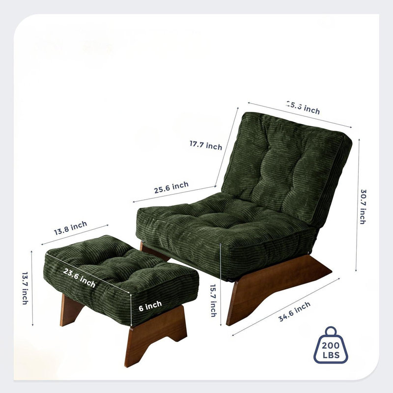 Une méridienne avec un repose-pieds, un dossier réglable, un capitonnage rembourré, un ensemble de fauteuil inclinable confortable, de style moderne, convient à une salle de lecture, en vert.