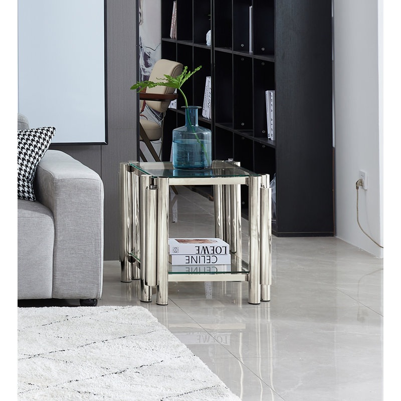 Table de bout carrée 20 pouces, table de bout moderne en acier inoxydable, table basse en verre trempé transparent à deux couches, table d'appoint avec rangement, pour bureau à domicile, or