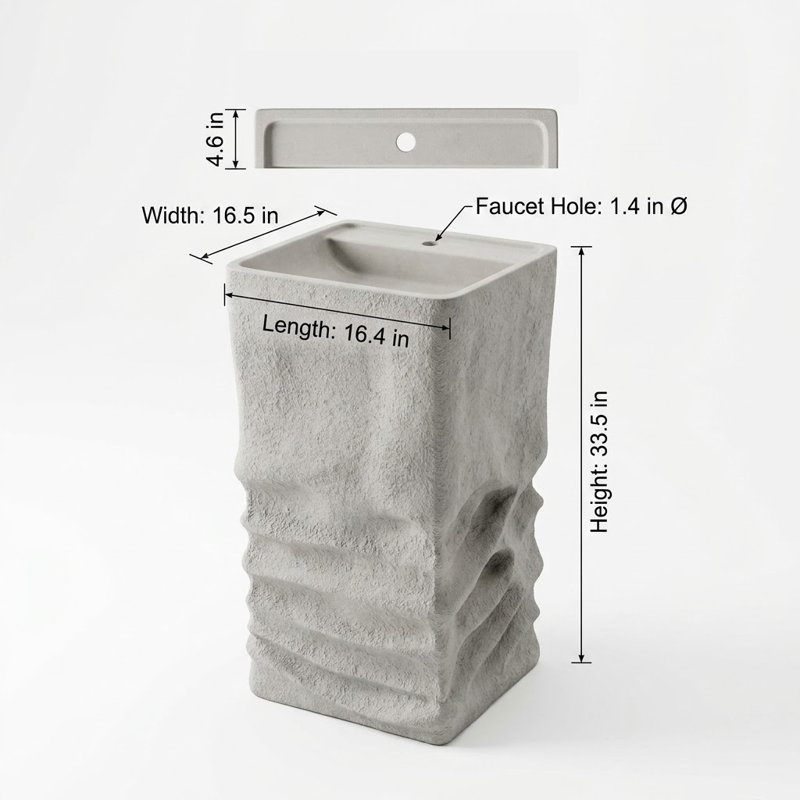 Lavabo de salle de bain rectangulaire sur pied 34 po en pierre reconstituée autoportante avec finition ondulée sculptée
