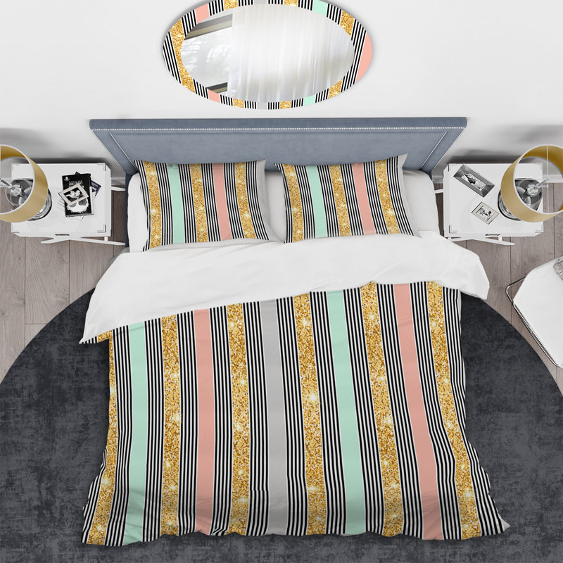 Motif rayé doré et gris - Ensemble de housse de couette abstrait - Microfibre de polyester