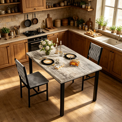 Small Space Kitchen Table Set 3 Piece, Rectangular Dining Table with 2 Tufted Upholstery Chairs, Heavy-Duty Metal Legs, Multi Tabletop Styles for Breakfast Nook, Condo & Home