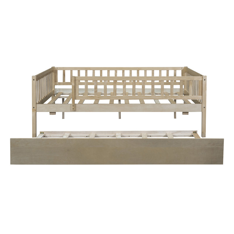 Lit de jour en bois avec couchette et barrière de sécurité, Lit double, Naturel