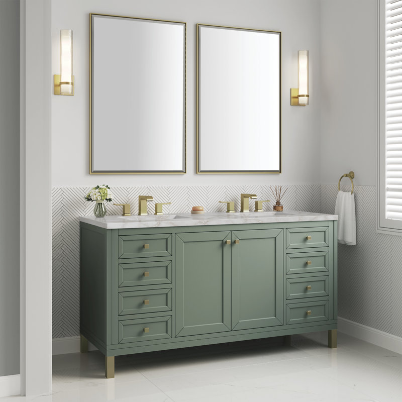 Ensemble de meuble-lavabo double 60 po Chicago, Céladon fumé, 8 po, Argent victorien