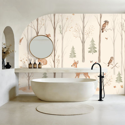 Papier peint à peler et coller, scène de forêt fantaisiste, cerfs, lapins, oiseaux, hiboux, peintures murales de style aquarelle douce, H 100 po x l 144 po, papier peint amovible en PVC, adhésif mural pour chambre à coucher, bureau à domicile