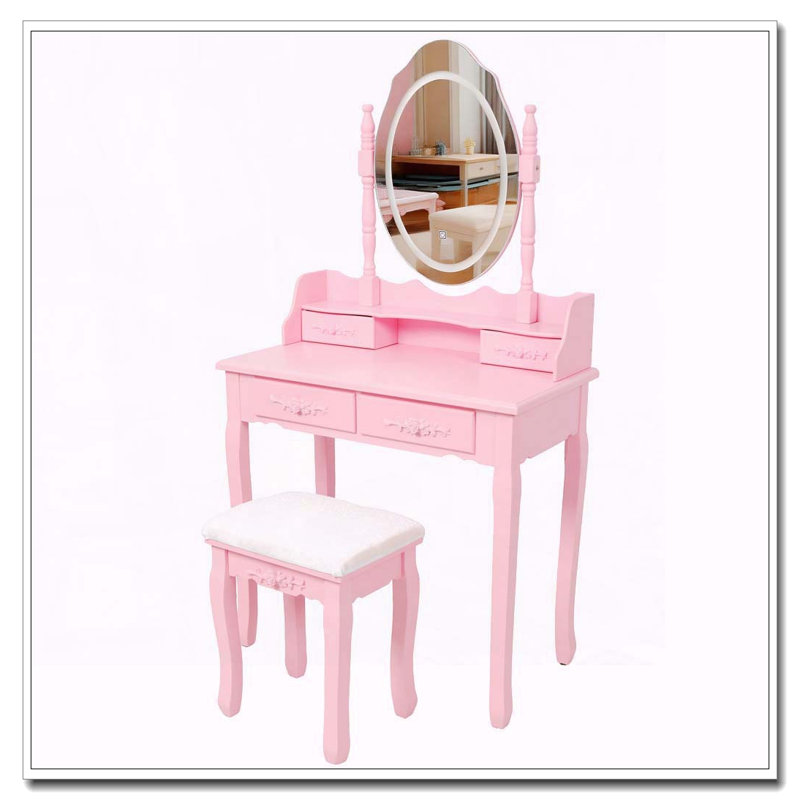 Pink Princess Vanity Desk Set with LED Light Mirror, 4 Drawers and Stool, Pink