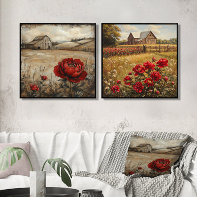 Vintage Red Peonies By The Barn III - Peonies Wall Art - Traditional Wall Art Canvas 2 Piece