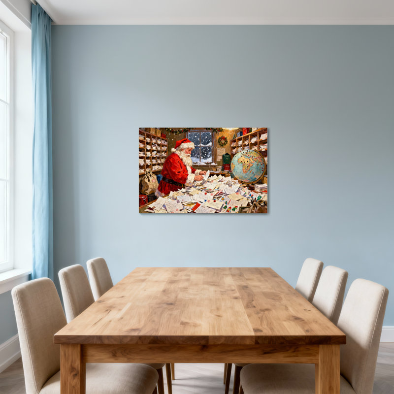 Père Noël qui lit des lettres dans un atelier, H 20 po x l 30 po