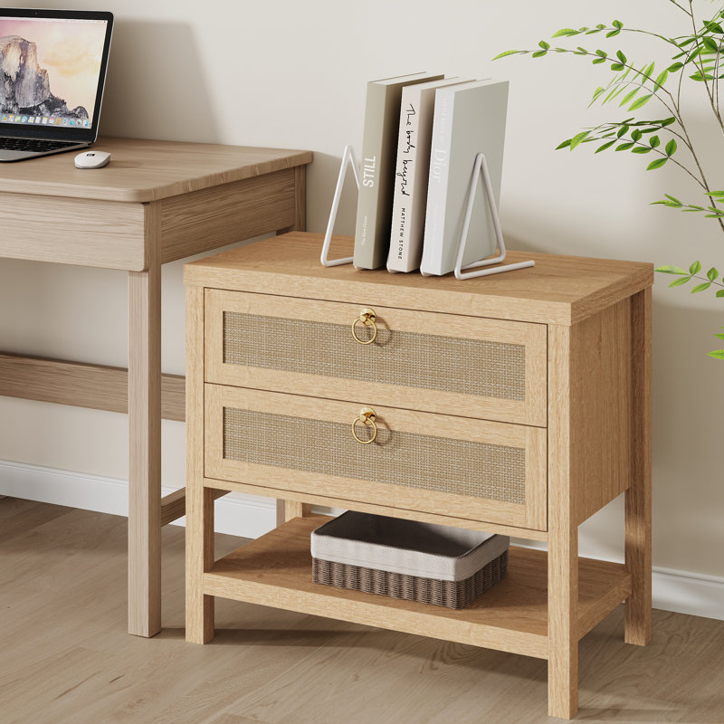 Boho Large Rattan Nightstands With 2 Drawers & 1 Shelf , Natural Oak, Individual