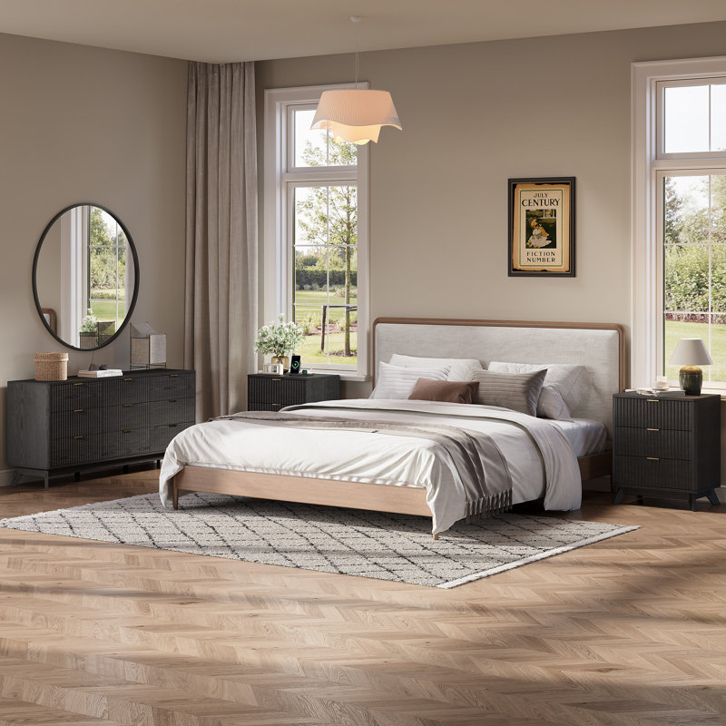 Ensemble de chambre à coucher 3 pièces, commode 9 tiroirs et tables de chevet 3 tiroirs, Noir