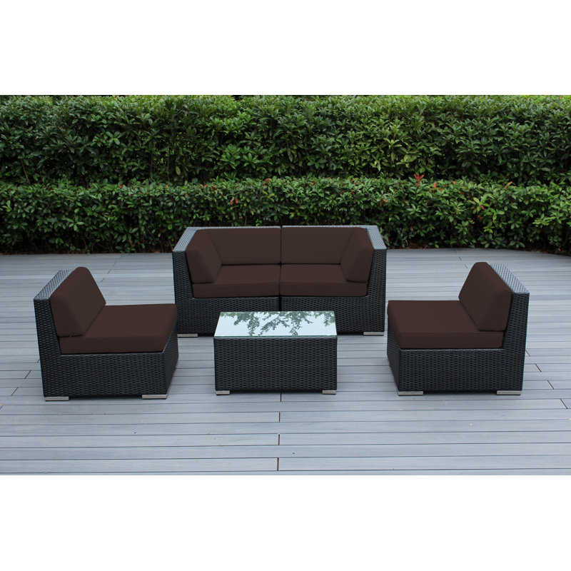 Billyjo Wicker 4 - Person Seating Group with Cushions - No Assembly, Jockey Red Sunbrella® Canvas, Black