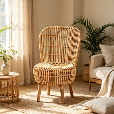 Modern Bohemian Natural Rattan Tall Lounge Chair