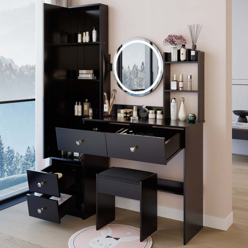 Round Mirror LED Vanity Table with Stool and Full Body Mirror Cabinet, Black