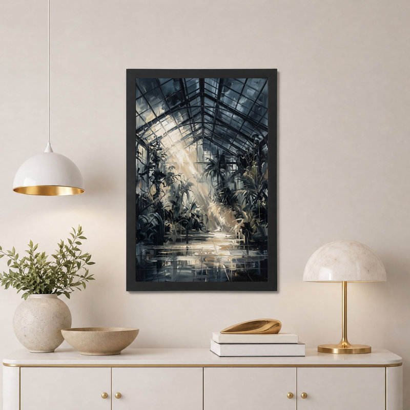 Tableau sur toile représentant des plantes tropicales ensoleillées dans une serre, H 18 po x l 12 po