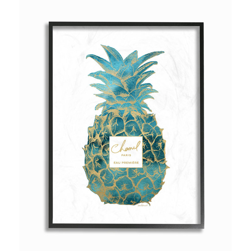 «Fashion Designer Pineapple Blue Gold», art textuel, H 20 po x l 16 po, Giclée encadrée noir minuit