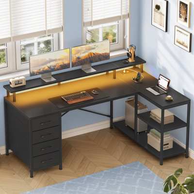 L Shaped Desk With 4 Drawers And Storage Shelves, L Shaped Gaming Desk With Led Lights & Power Outlets, Computer Desk With Shelves & Drawer, Corner De by Inbox Zero