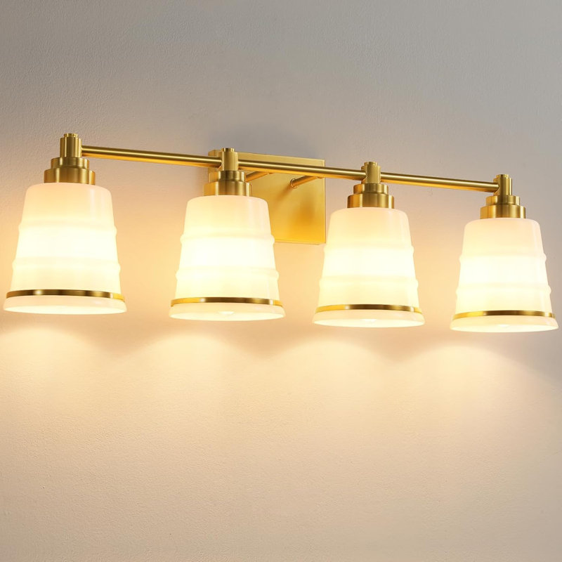 Gold Bathroom Vanity Light Fixture With Milky White Glass Shade, 4-Light Wall Sconce For Modern Bathroom Mirror Lighting, E26 Base Compatible