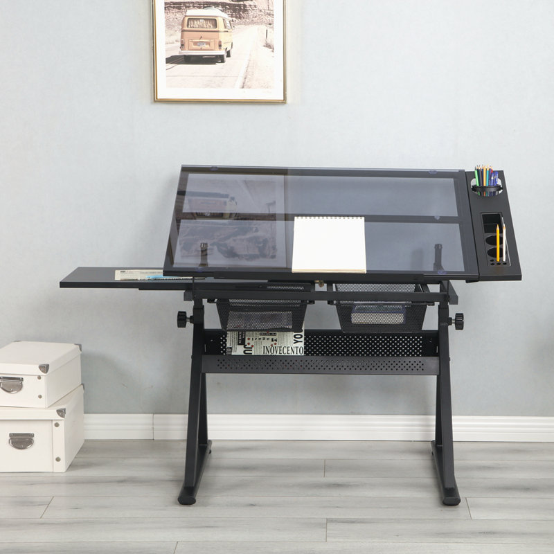 Table à dessin réglable en verre trempé avec chaise, Noir