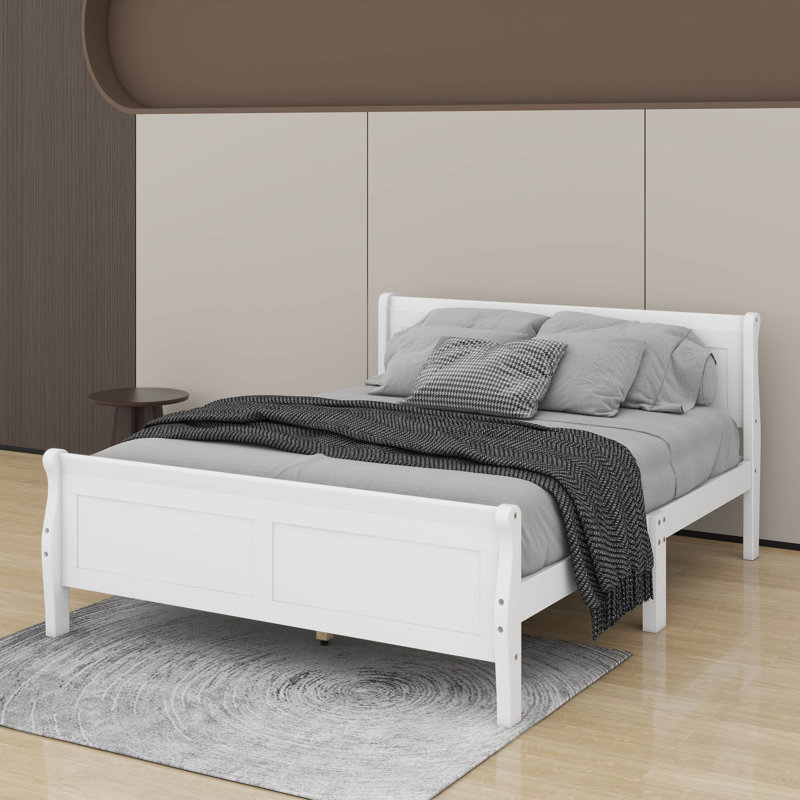 Grand lit plateforme en bois avec tête de lit, Blanc, Grand lit
