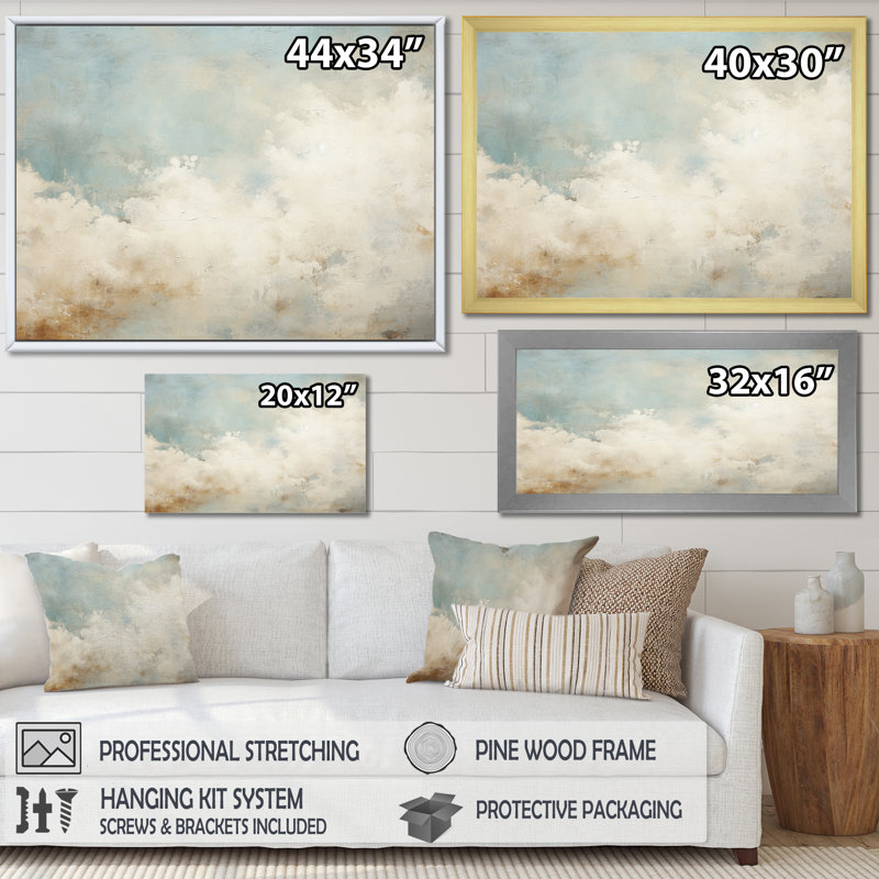 Nuage de minimalisme beige sur toile, 30" H x 40" W x 1.5" D, Silver Single Picture Framed