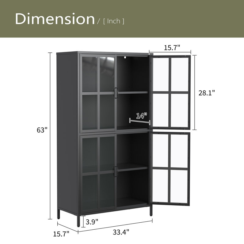 Premium Metal Storage Cabinet With Tempered Glass Doors, Adjustable Shelves, Anti-Tipping Device, Magnetic Silent Closure, And Adjustable Feet