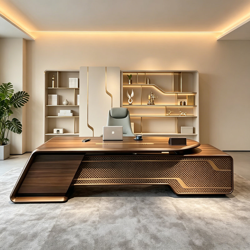 Bureau de direction moderne en bois massif luxueux, bureau en noyer noir pour PDG, président et haute direction