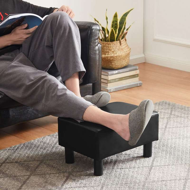 Nelva Faux Leather Ottoman, Black Faux Leather