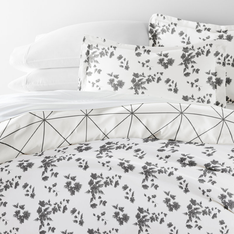 Gray and White Geometric Floral Twin/Twin XL Cotton Duvet Cover Set
