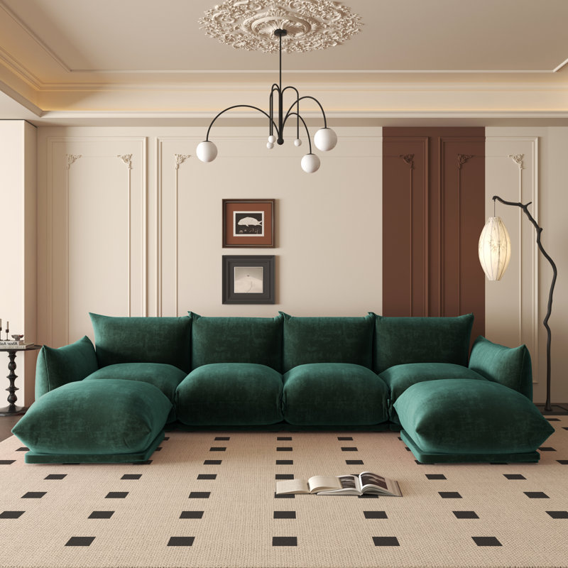 Cath 4-Seat Chenille Fabric Upholstered Sectional Sofa With 2 Ottoman, Green Chenille