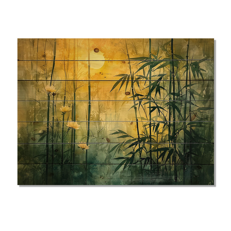 Golden Glow Of Bamboo Forest II - Décoration murale en bois de bambou - sur bois de pin naturel