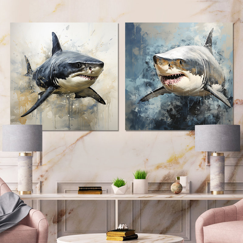 Grey Shark Shadows I - Coastal Animal Wall Art Prints Set Of 2, 36" H x 73" W x 1.5" D, Wrapped Canvas