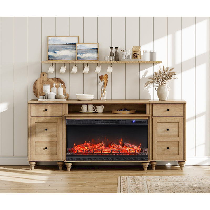 Sideboard Cabinet With 2 Drawers And 2 Doors, Vintage Wood Grain Design, Buffet Cabinet With Charging Station, Coffee Bar With 36" Electric Fireplace, Oak, 70 Inch