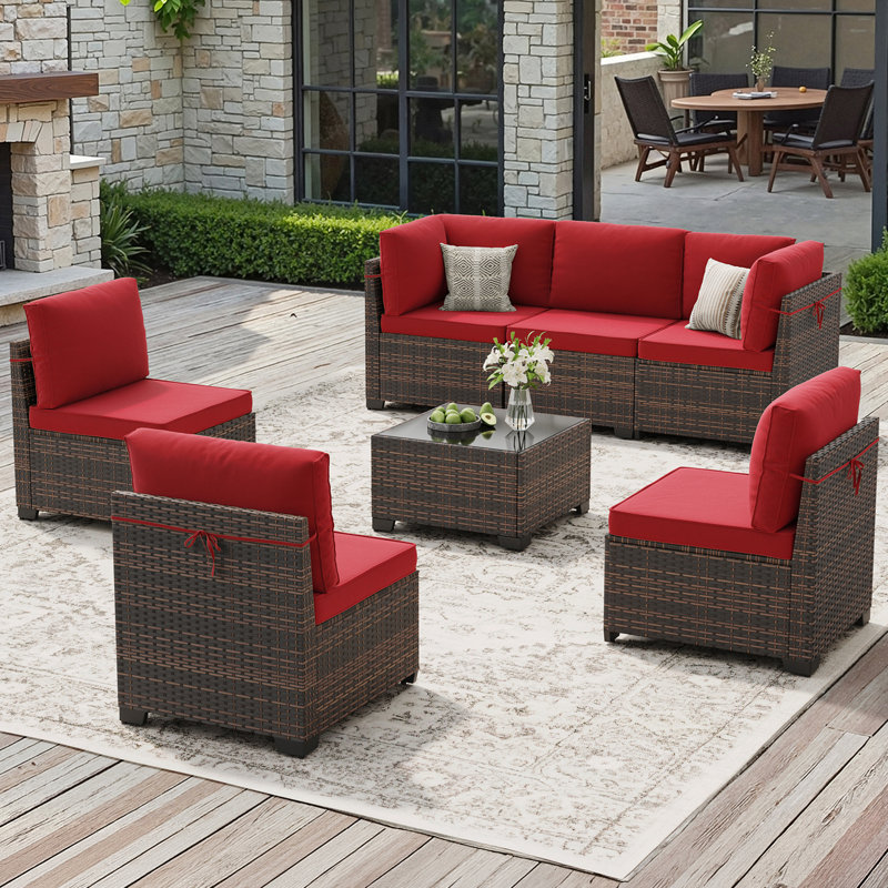 Wicker 6 - Person Modular Patio Conversation Sets with Cushions, Red, Brown