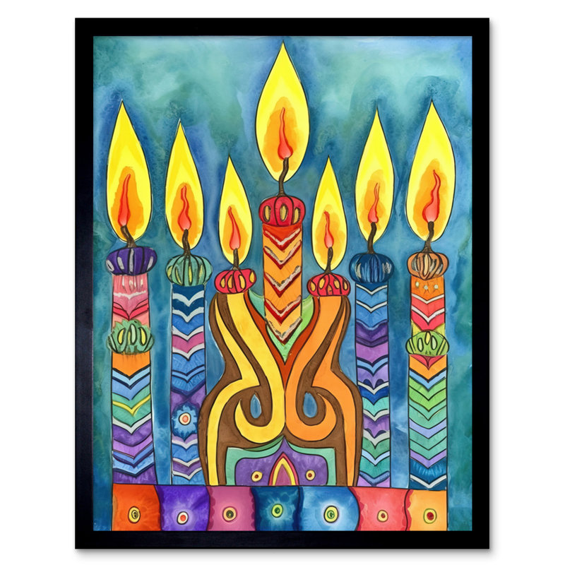 Jewish Candelabra Candle Patterns Folk Art Watercolour Painting Artwork Framed Wall Art Print 9X7 Inch