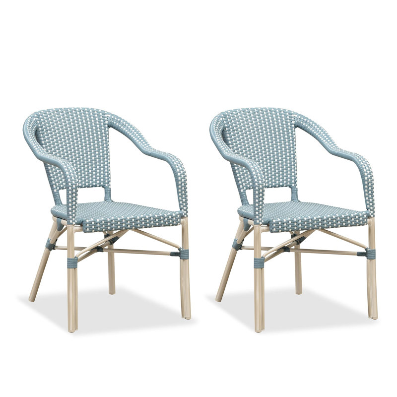  Dining Chair Set Of 2 Outdoor french Chairs With Hand-Woven Aluminum Wicker Rattan, Light Blue