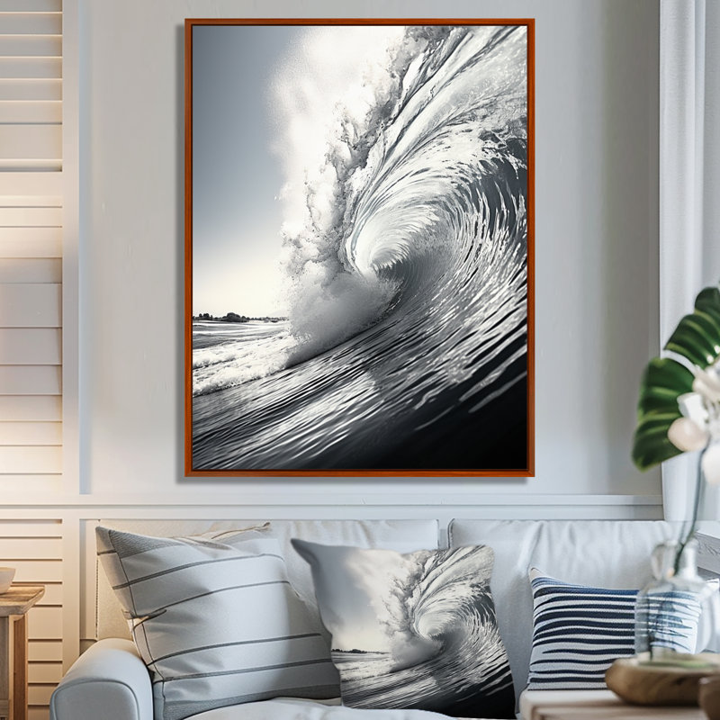 «Kohdyn Black and White Wave Photo II», reproduction sur toile flottante, H 32 po x l 24 po x P 1 po, Cadre flottant brun