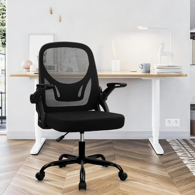  Office Chair with Wheels, Ergonomic Flip Up Arms Mesh Back Desk Chairs with Lumbar Support, Adjustable Height Swivel Rolling Computer Task Chair for Conference Room Home School Study, Black