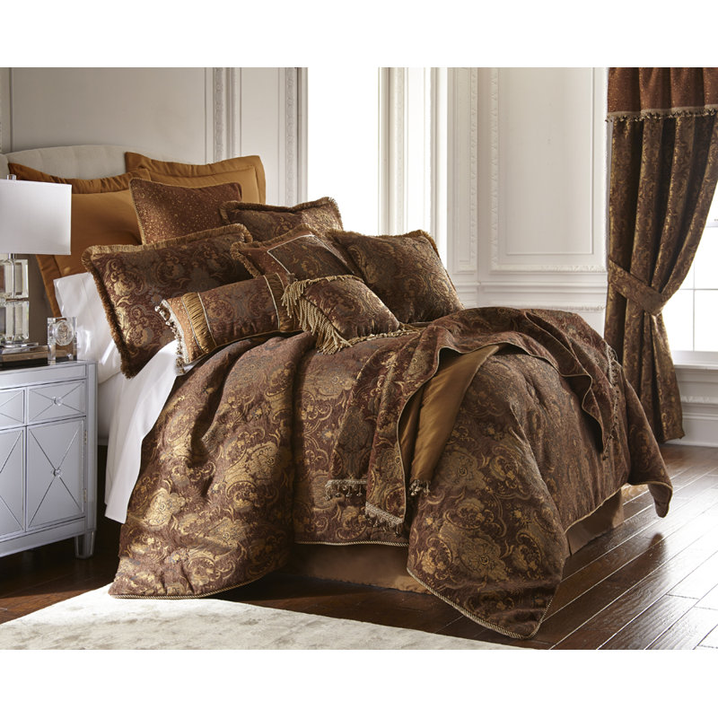 Ensemble d'édredon 6 pièces en polyester damassé China Art, Édredon pour grand lit + 2 taies décoratives, Brun